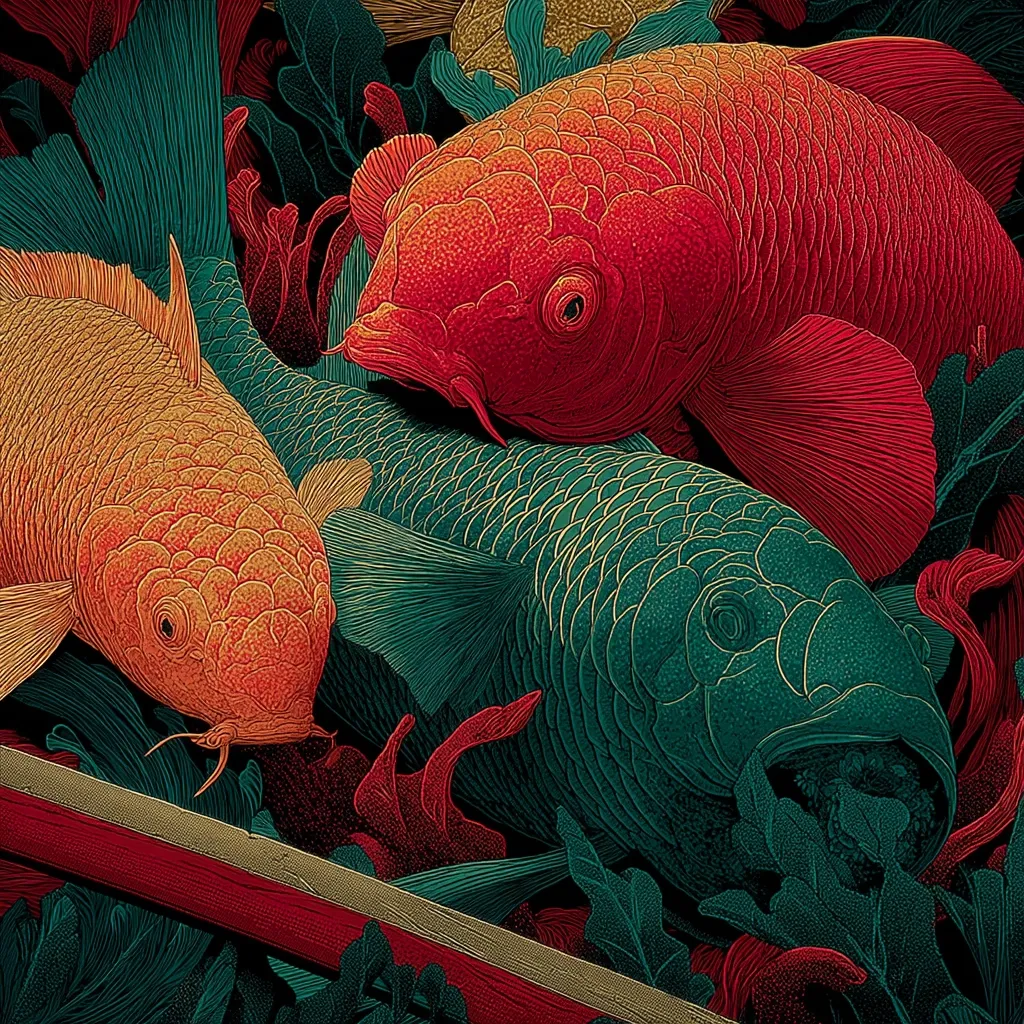 A vibrant illustration showcases three intricately detailed fish amidst lush aquatic vegetation.  A fiery red Asian arowana dominates the top, while a golden koi and a teal-colored fish occupy the lower portion.  The artwork is rendered in a style reminiscent of woodblock prints, with rich colors and detailed textures.  A diagonal element, possibly a piece of wood or a stylized design feature, cuts across the bottom.