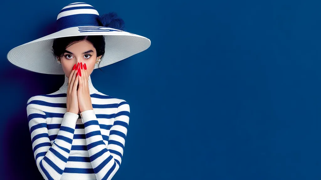 A woman with dark hair wears a large, wide-brimmed white and navy blue hat and a matching navy and white striped sweater.  Her hands are clasped to her mouth, and she has bright red nail polish.  The backdrop is a solid, deep blue.  The overall image evokes a classic, possibly nautical, style.
