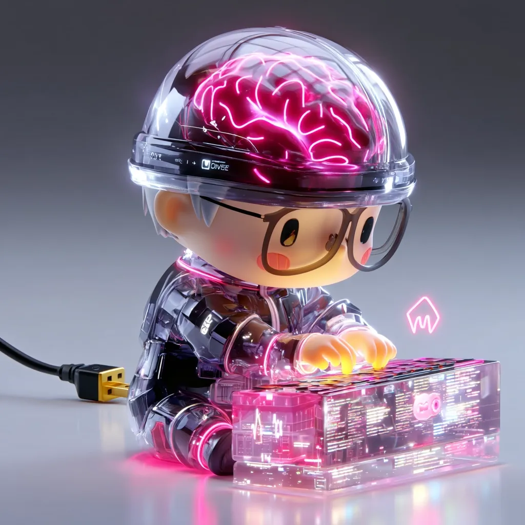 A stylized, chibi-like robotic figure with a transparent helmet showcasing a glowing pink brain sits before a translucent computer.  The robot, wearing glasses and a futuristic suit, interacts with the device, its hands glowing as it seemingly works on data streams visible within the computer's transparent casing. The overall aesthetic is futuristic and technologically advanced with neon pink accents.