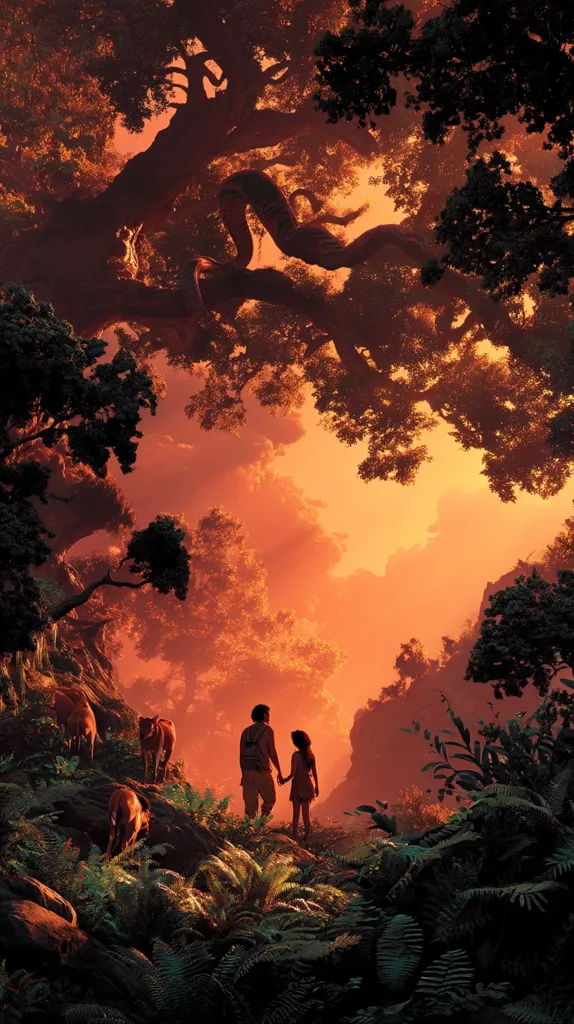A man and woman hold hands, silhouetted against a fiery sunset in a lush jungle.  Towering trees frame the scene, their branches reaching towards a vibrant, orange sky.  Several animals, possibly deer, are visible in the foreground, adding to the wild, untamed atmosphere.  The overall mood is one of adventure and romantic escape.