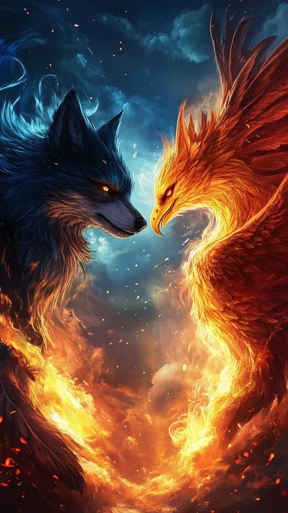 A fiery phoenix and an icy wolf face each other, their forms intertwined amidst swirling flames and ethereal smoke.  The vibrant orange and blue hues contrast sharply, creating a visually stunning depiction of opposing forces.  The creatures' intense gazes suggest a powerful struggle or a tense balance, set against a dramatic backdrop of dark clouds and sparks.  The artwork blends fantasy and realism, creating a magical and dynamic scene.