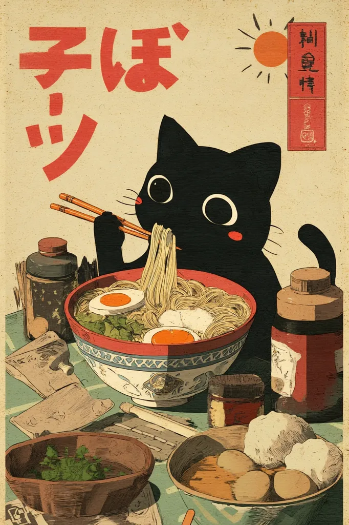 A black cat with large, expressive eyes sits at a table, contentedly eating ramen with chopsticks.  The scene is depicted in a vintage Japanese style, with warm earth tones and stylized text.  The bowl of ramen is large and brimming with noodles, eggs, and broth.  Various other food items, including dumplings and small bowls, are arranged on the table, creating a cozy and inviting atmosphere.  The overall aesthetic is charming and whimsical.