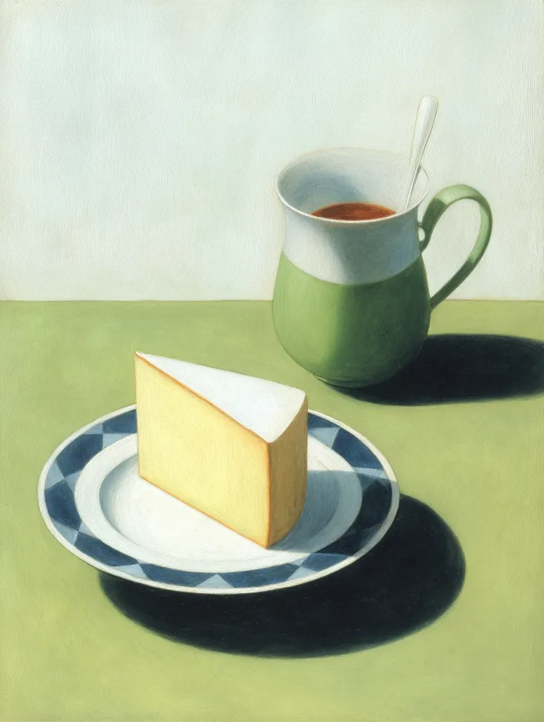A still life painting depicts a slice of pale yellow cheese on a small, blue-and-white patterned plate.  Beside it sits a green mug filled with dark brown liquid, a spoon resting inside. The objects are arranged on a muted green surface, casting subtle shadows, creating a calm and simple composition. The style is realistic with smooth brushstrokes and soft lighting.