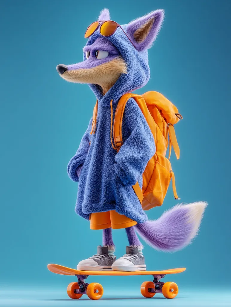 A stylized purple fox, wearing a blue hoodie, orange shorts, and sunglasses, stands on an orange skateboard.  It carries an orange backpack. The fox has a fluffy tail and is depicted in a relaxed, almost contemplative pose against a light blue background. The overall style is playful and cartoonish.