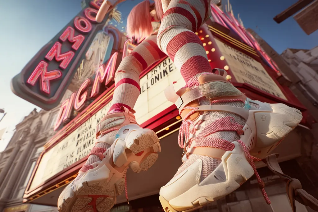 A low-angle close-up shot features a person's legs wearing chunky, pastel pink and white platform sneakers.  The individual is wearing striped socks and is positioned in front of a vintage movie theater marquee with bright red neon lettering. The vibrant colors and playful style of the shoes and setting create a dynamic and eye-catching image.
