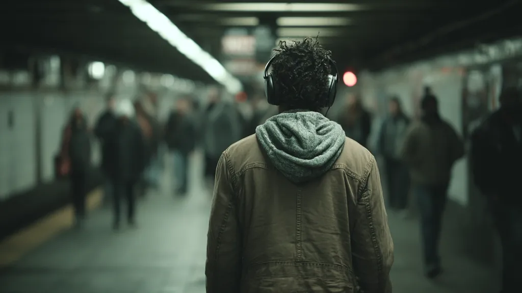 A young man wearing headphones walks through a dimly lit subway station. His back is to the camera, obscuring his face. He's dressed in a brown jacket and a grey hooded sweatshirt.  Blurred figures of other commuters surround him, creating a sense of anonymity and solitude within the bustling transit environment. The overall mood is somber and contemplative.