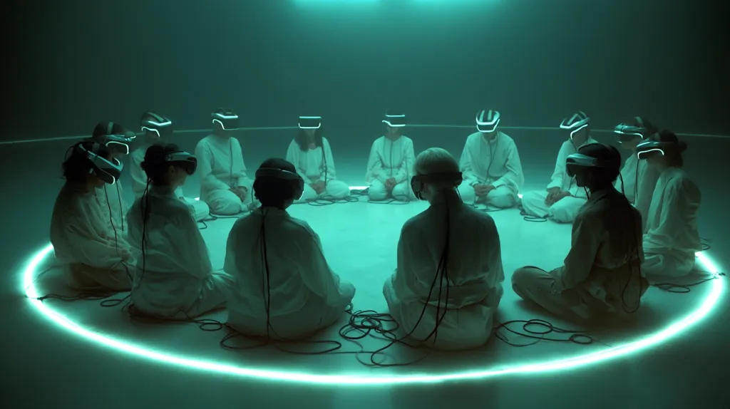 A circle of individuals, dressed in white and wearing VR headsets, sit on the floor in a dimly lit, teal-hued room.  They are connected by cords, suggesting a shared virtual experience.  The scene evokes a sense of mystery and technological immersion, possibly depicting a shared VR meditation or a futuristic ritual.  The glowing green circle around them enhances the otherworldly atmosphere.