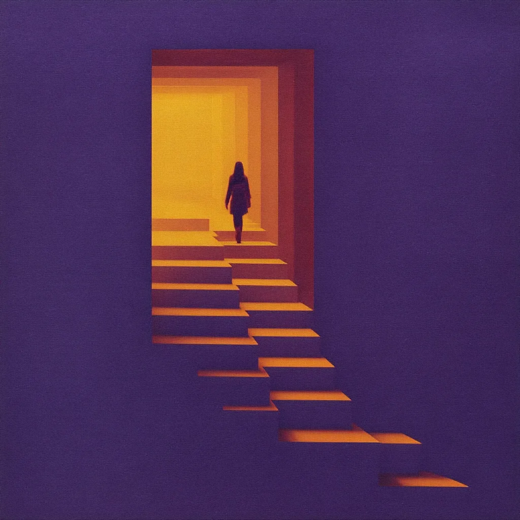 A woman in a dark coat ascends a set of stairs leading into a brightly lit, golden-hued room.  The stairs emerge from a deep purple wall, creating a stark contrast between shadow and light. The scene is minimalist and surreal, suggesting a journey or transition towards a brighter future. The overall mood is contemplative and slightly mysterious.