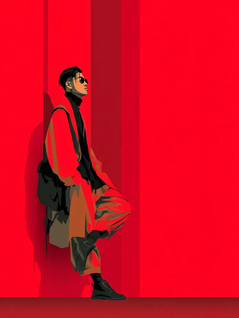 A stylized illustration depicts a man in sunglasses and a long, tan overcoat leaning against a vibrant red wall.  His pose is relaxed, one leg bent, and his attire suggests a fashionable, modern aesthetic. The bold color contrast between the man's outfit and the background creates a striking visual impact. The image is minimalist in style, focusing on sharp lines and a limited color palette.