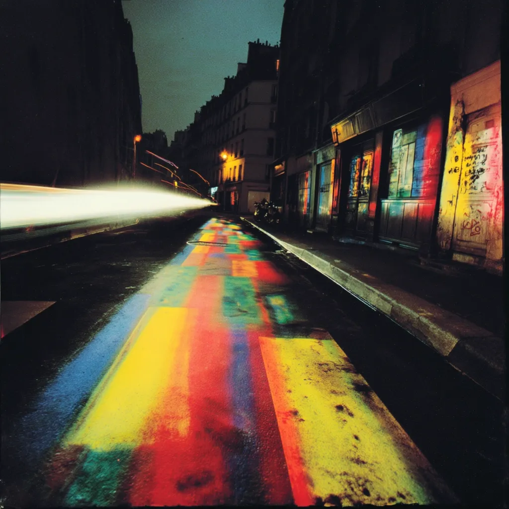 A nighttime street scene in Paris is dramatically illuminated.  The road is painted with vibrant, abstract blocks of color, creating a striking contrast to the dark buildings lining the street.  Light streaks from passing vehicles add to the dynamic energy of the image.  The overall effect is one of vibrant urban art and nocturnal beauty.