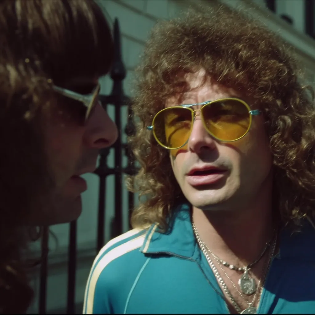 Close-up shot of two men, one with long, dark hair partially obscuring his face and sunglasses, the other with large, curly brown hair, amber aviator sunglasses, and a teal tracksuit. The man in the teal tracksuit wears multiple necklaces. They appear to be engaged in a serious conversation outdoors, possibly in a city setting.  The scene evokes a 1970s aesthetic.