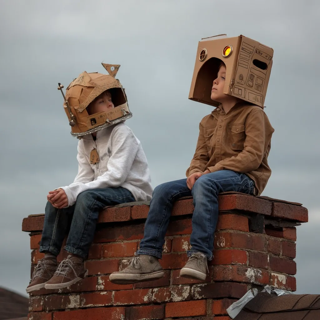 Two young boys, wearing creatively crafted cardboard helmets, sit atop a brick chimney. One helmet resembles an astronaut's headgear, the other a robot's boxy head.  The boys gaze pensively into the distance against a cloudy sky, their imaginative play contrasting with the serious expressions on their faces.  The scene evokes a sense of childhood wonder and quiet contemplation.