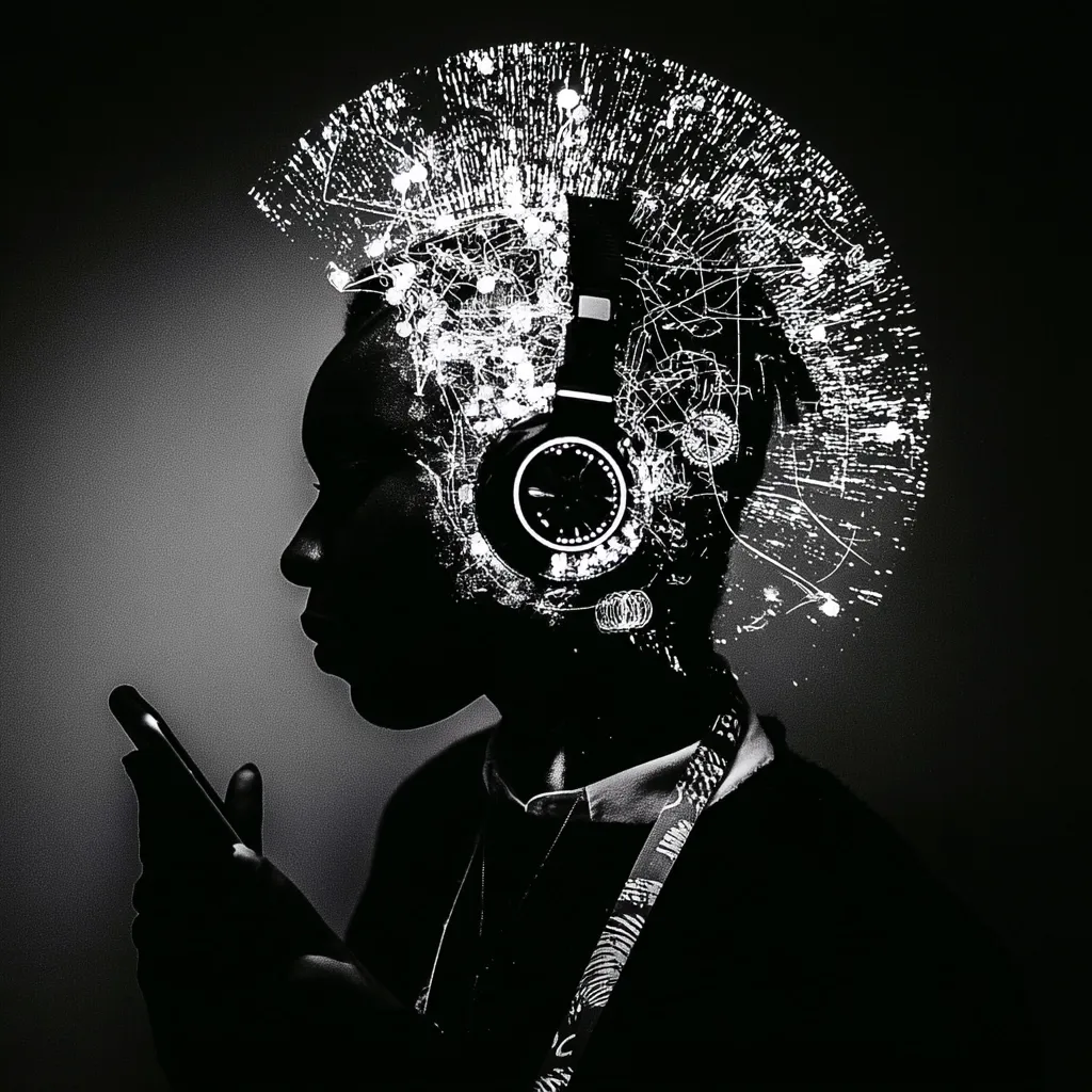 A black and white profile shot depicts a person wearing headphones, their head enveloped in a burst of digital particles.  The image suggests a connection between technology, music, and the mind.  The person holds a smartphone, further emphasizing the theme of digital interaction. The overall aesthetic is dark, dramatic, and stylized.