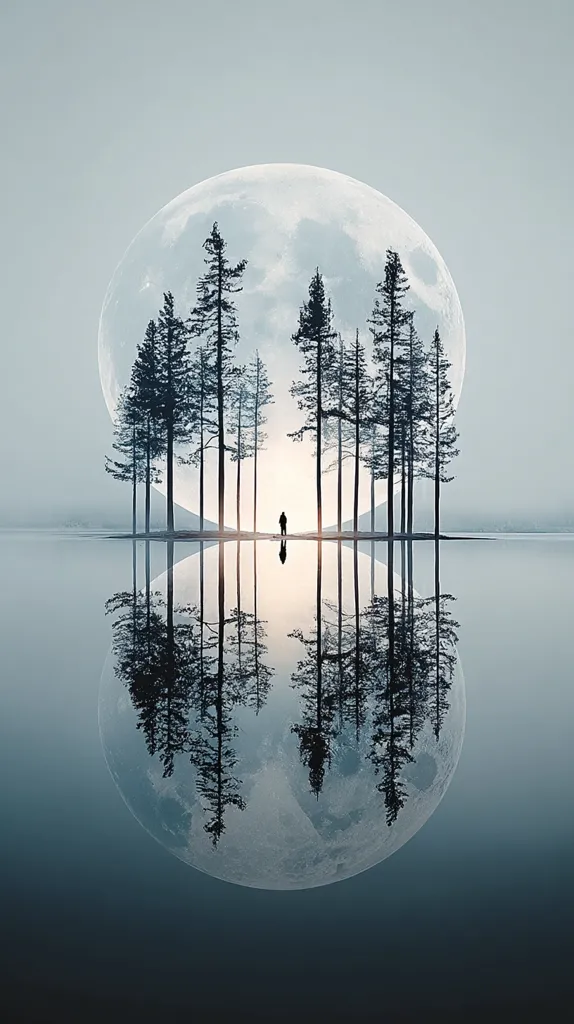 A serene image depicts a solitary figure standing on a small island amidst a grove of evergreens.  The island is nestled in a calm lake, perfectly reflecting the scene above.  A large, full moon dominates the background, creating a dreamlike, ethereal atmosphere. The color palette is muted, emphasizing the tranquil and almost mystical quality of the scene.