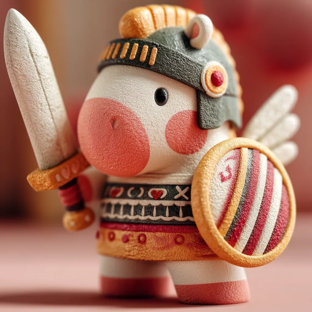 A charming, stylized figurine of a winged horse, possibly a pegasus, is depicted.  The creature is dressed as a warrior, wearing a helmet, armor adorned with hearts, and wielding a sword and shield. The figurine's textured surface and pastel color palette give it a soft, playful appearance.  The overall style is cute and whimsical, blending fantasy elements with a childlike aesthetic.