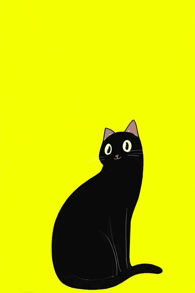 A stylized illustration features a black cat sitting against a vibrant yellow background.  The cat is depicted in a simple, almost cartoonish manner, with large, expressive eyes.  Its pose is relaxed, and it seems to be looking slightly off to the side. The bright yellow provides a strong contrast to the black cat, making it the clear focal point of the image.