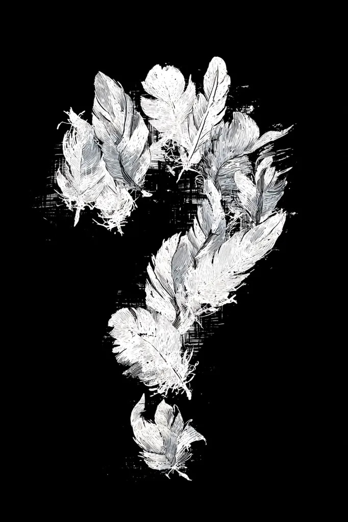 A question mark is formed from stylized white feathers on a black background. The feathers are rendered with textured lines suggesting a painted or drawn effect.  The overall composition is artistic and abstract, using the feathers to create a unique visual representation of a question. The dark background emphasizes the lightness and detail of the feathers.