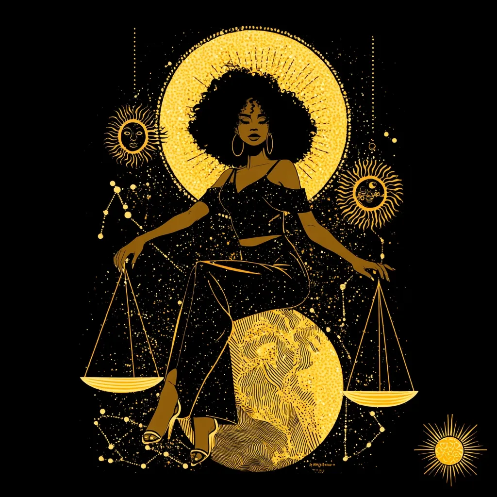 A striking illustration depicts a Black woman with an afro, seated majestically on a celestial sphere.  She is adorned in a stylish jumpsuit and high heels, holding a scale of justice.  The background is a dark canvas sprinkled with gold stars, suns, and constellations, creating a mystical and powerful image that blends modern style with astrological symbolism.  The overall aesthetic is rich, elegant, and suggestive of balance and cosmic harmony.