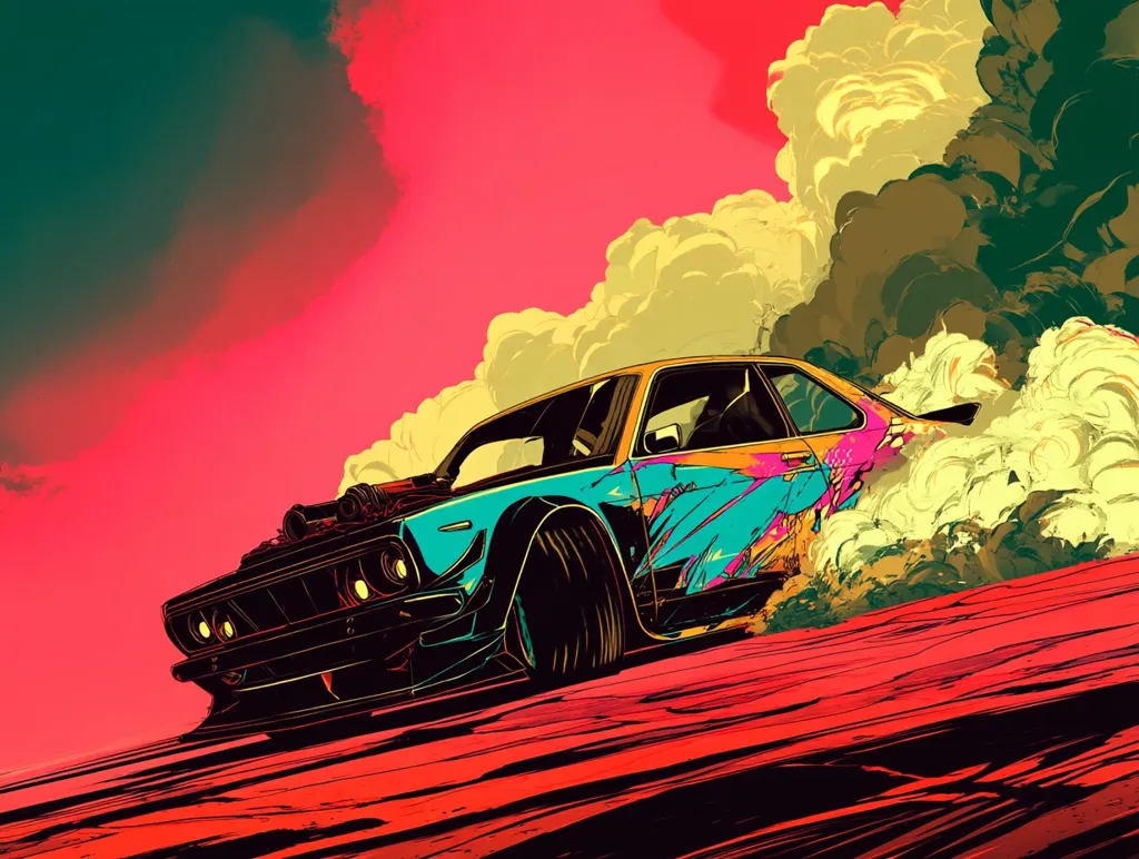A vibrant illustration depicts a stylized vintage car, painted in teal, black, and splashes of pink and purple, performing a dramatic drift.  Thick clouds of yellow and grey smoke billow behind it against a fiery red and dark green sky. The car's design is bold and graphic, with exaggerated features and a powerful engine visible. The overall style is energetic and dynamic.