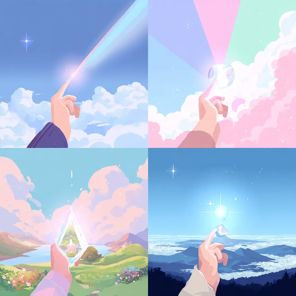 A digital artwork showcasing four distinct scenes, each featuring a hand interacting with ethereal elements against dreamy skies.  One hand summons a rainbow, another a glowing orb, a third holds a crystal reflecting a serene landscape, and the last touches a radiant light above a mountain range.  The pastel color palettes and soft textures create a whimsical and enchanting atmosphere.