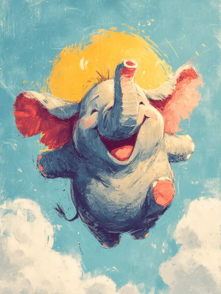 A joyful, cartoonish baby elephant soars through a bright blue sky, its trunk raised in glee.  Painted in a textured, impressionistic style, the elephant's cheerful expression and pink ears contrast with its grey body.  A sunburst behind it adds to the vibrant, uplifting atmosphere.  The clouds below suggest a sense of lightness and freedom.