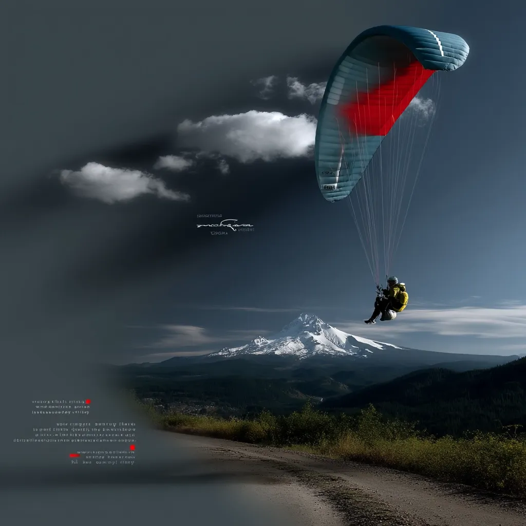 A paraglider soars through the sky, a vibrant red and blue canopy contrasting against the dramatic, cloudy backdrop.  Below, a snow-capped mountain majestically rises, its peak piercing the clouds.  A winding road meanders through the lush green landscape, leading the eye towards the stunning natural vista. The overall scene evokes a sense of freedom and adventure.