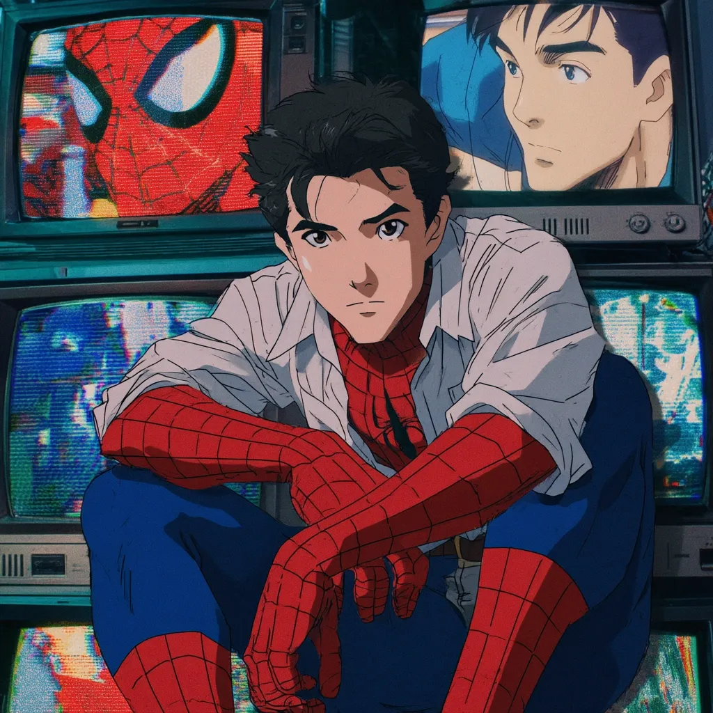 An anime-styled Spider-Man, with a serious expression, sits amidst vintage televisions displaying static and other imagery, including another anime character and a classic Spider-Man cartoon.  He's wearing a white button-down shirt over his iconic suit. The overall aesthetic blends anime art with retro technology, creating a nostalgic and visually striking composition.