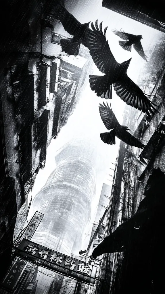 A dramatic black and white image depicts four crows in flight against a backdrop of a rain-swept city alley.  The crows are sharply in focus, their wings spread wide, contrasting with the blurred, rain-soaked buildings. A towering skyscraper looms in the background, partially obscured by the downpour. The overall mood is dark and atmospheric, evoking a sense of urban grit and the power of nature.  Chinese characters are visible on a weathered sign.