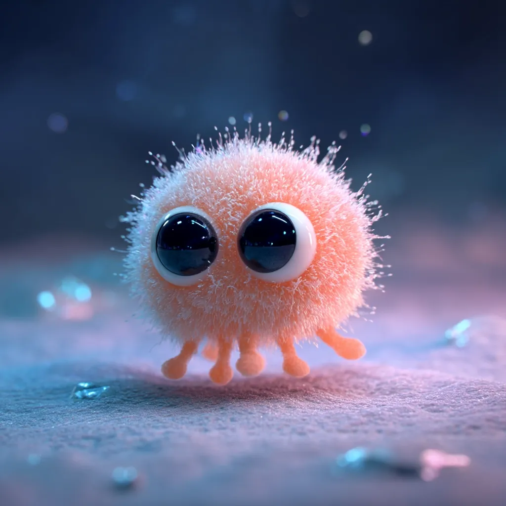 A cute, fluffy, orange creature with large, expressive eyes and tiny legs stands on a textured surface.  Its fur is soft and slightly spiky, and it appears to be in a dreamy, ethereal setting with a bluish tint.  The overall style is reminiscent of a 3D animation or digital art piece, with a focus on adorable character design.