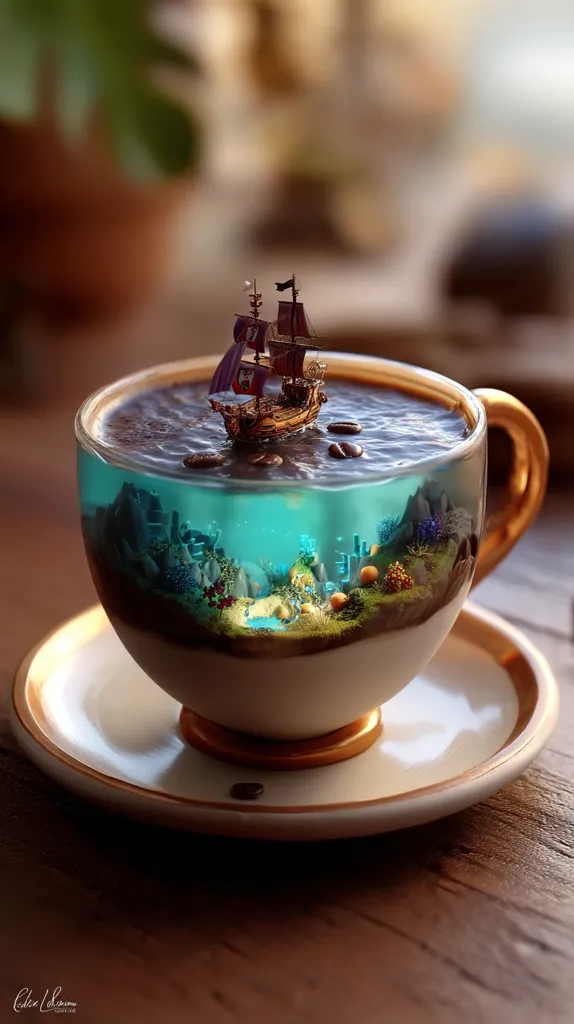 A miniature galleon floats on a coffee-like liquid in a teacup.  The cup contains a whimsical underwater scene, complete with rocks, plants, and a sandy bottom.  The cup rests on a saucer, creating a captivating and surreal miniature world. The overall image is highly detailed and artistically rendered.