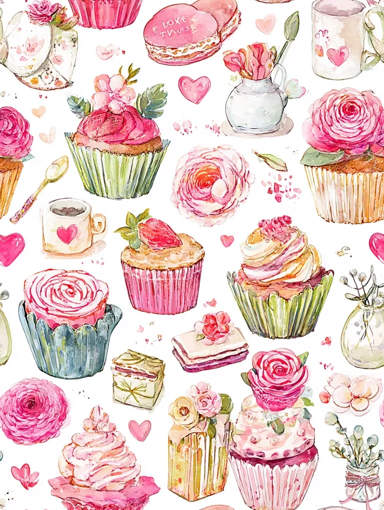 A watercolor pattern features an array of delightful pink-themed cupcakes, decorated with flowers and frosting swirls.  Accompanying these are macarons, small cakes, teacups, and floral arrangements, all rendered in soft, romantic pastel hues.  Hearts are scattered throughout the design, adding to its charming and whimsical feel. The overall aesthetic is sweet, delicate, and perfect for a romantic or celebratory occasion.