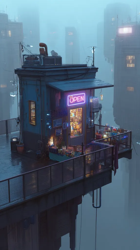 A small, open shop with a neon "OPEN" sign is perched on a futuristic, elevated platform in a misty city.  The building is teal, adorned with various items and plants, giving it a lived-in feel.  Surrounding skyscrapers rise into the fog, creating a mysterious, cyberpunk atmosphere.  The platform extends into a balcony with a railing, overlooking the misty void below.