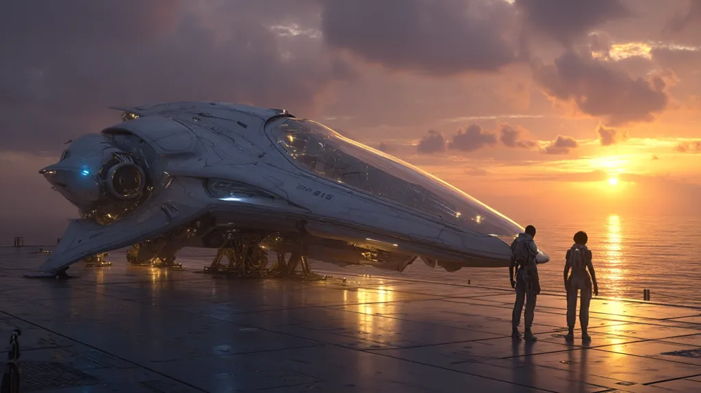 A futuristic spaceship, sleek and white, rests on a landing pad overlooking a calm ocean at sunset. Two figures in spacesuits stand on the pad, silhouetted against the vibrant sky. The scene is serene yet technologically advanced, suggesting a moment of quiet contemplation after a journey or before a new adventure. The overall atmosphere is one of peace and wonder.