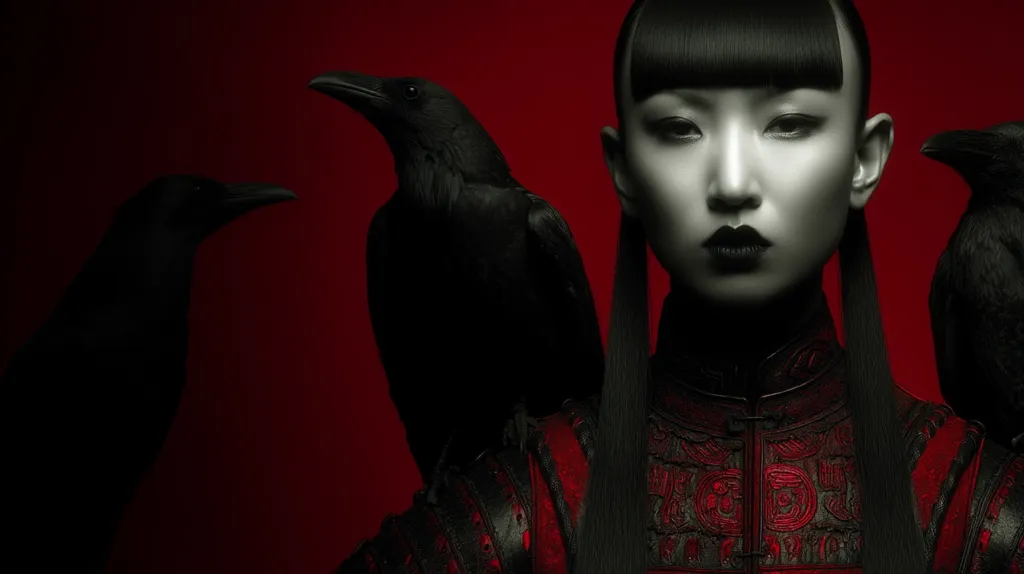A young woman with dark hair styled in a bob, wears a richly embroidered red and black Chinese-style collar.  Her expression is serious, almost stoic. Two black crows flank her shoulders, adding to the dramatic, dark mood of the image, set against a vibrant red background. The overall aesthetic is gothic and mysterious.