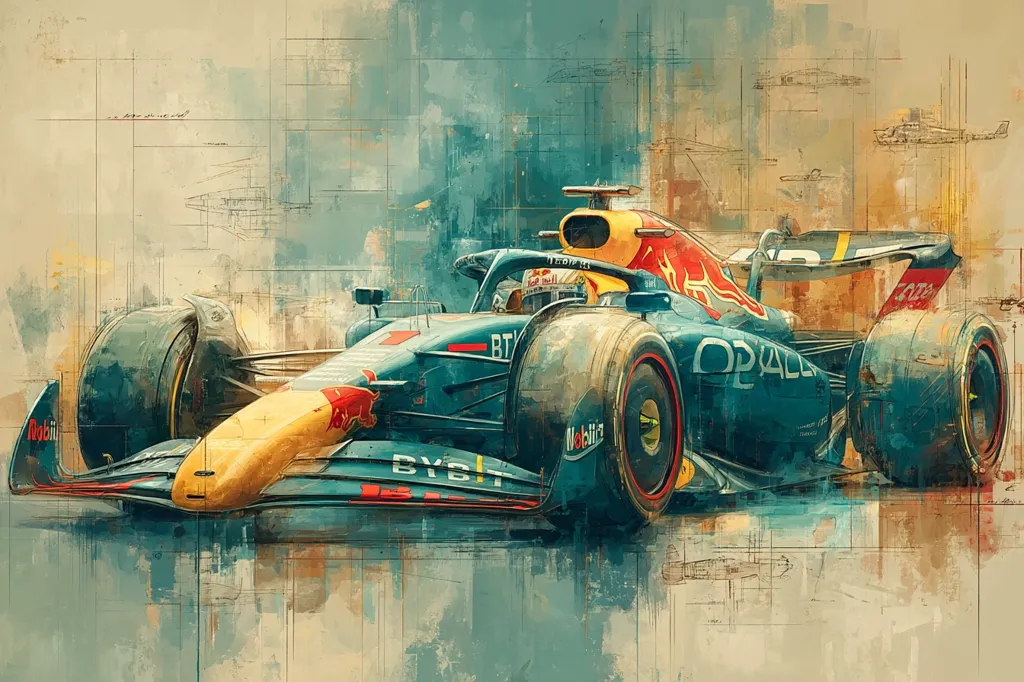 A stylized artistic rendering of a Red Bull Racing Formula 1 car. The painting blends a realistic depiction of the car with sketched design elements in the background, creating a dynamic and textured image. The car's vibrant colors—predominantly teal, yellow, and red—pop against the muted background. The overall effect is a blend of speed, precision, and artistic expression.