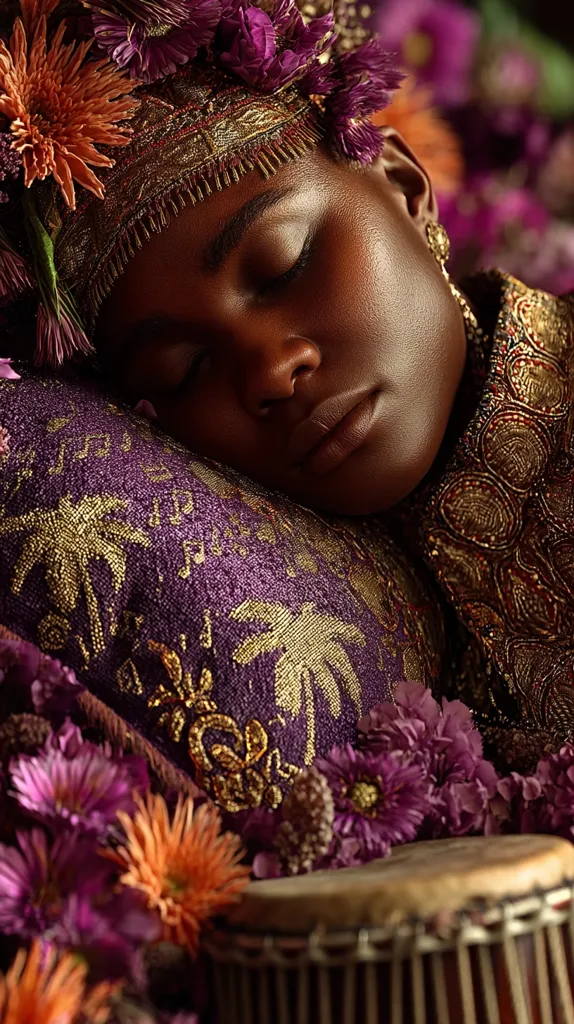 A dark-skinned woman, adorned in a golden headdress and ornate purple and gold clothing, rests peacefully on a purple pillow.  Her eyes are closed, and she is surrounded by vibrant purple and orange flowers. A djembe drum sits in the foreground, adding to the rich, textured scene, suggesting a regal or spiritual context. The image is rich in color and detail, creating a sense of calm and beauty.
