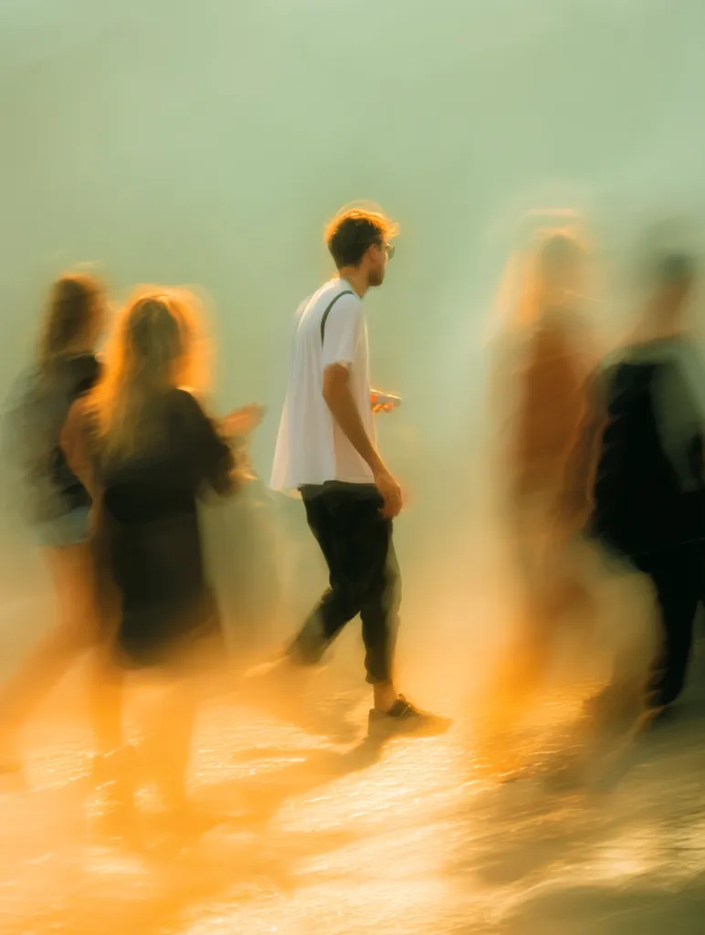 A man in a white shirt and dark pants walks amidst a blurred crowd.  The image is heavily stylized with a motion blur effect, creating a hazy, dreamlike atmosphere.  The warm, golden light suggests a sunny day, and the other figures are indistinct, emphasizing the central figure's solitary journey.  The overall impression is one of movement and anonymity within a bustling urban setting.