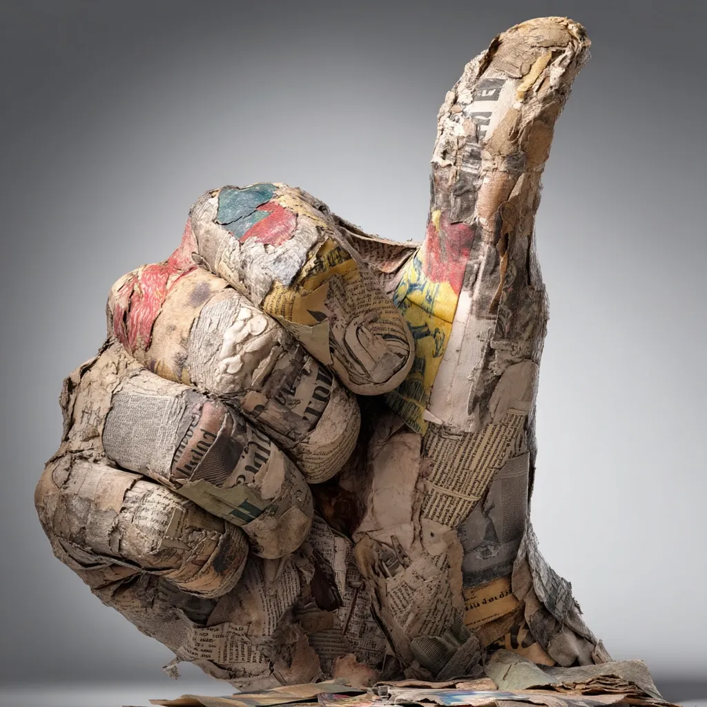 A textured sculpture of a hand giving a thumbs-up gesture is crafted from repurposed newspaper and paper fragments. The aged appearance of the materials, with visible text and faded colors, adds a sense of history and ephemerality. The rough, three-dimensional texture contrasts with the clear gesture, creating a striking visual piece.  The background is a neutral grey, emphasizing the sculpture's detail.