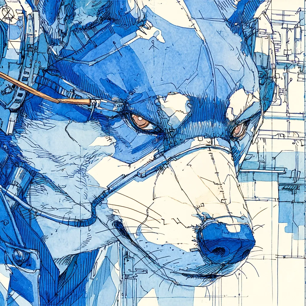 A close-up watercolor and ink illustration depicts the head of a wolf-like creature, its face partially obscured by a futuristic-looking harness or mask.  The color palette is primarily shades of blue, with hints of white and beige showing through.  Intricate linework details the creature's fur and the mechanical elements around its head.  The wolf's amber eyes are strikingly visible, conveying a sense of intensity and perhaps intelligence.  Background architectural schematics are faintly visible.