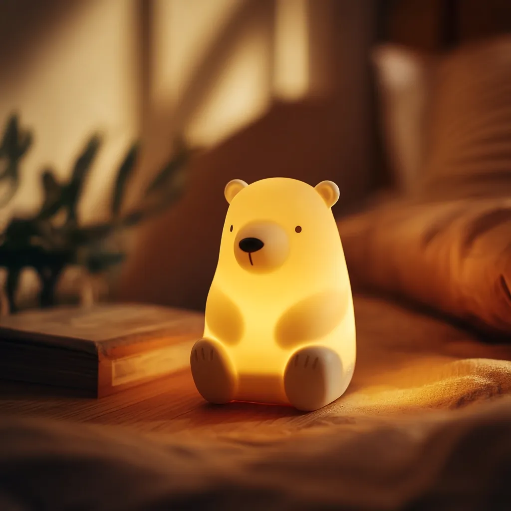 A cute, illuminated polar bear nightlight sits on a wooden surface next to a book.  The soft, warm glow emanates from within the bear-shaped lamp, creating a calming ambiance in a dimly lit bedroom. The scene is cozy and suggests a peaceful bedtime setting.