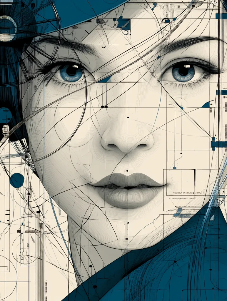 A stylized portrait of a woman's face is overlaid with intricate, geometric lines and shapes, reminiscent of a blueprint or circuit board. Her serene expression and striking blue eyes contrast with the sharp, technical elements. The color palette is muted, with creamy beige tones accented by deep teal, creating a visually captivating blend of organic and mechanical aesthetics.  The overall effect is both beautiful and subtly enigmatic.