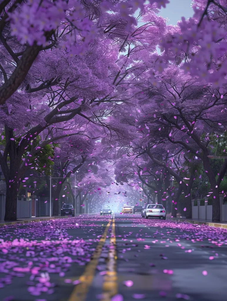 A street lined with blossoming purple trees is covered in fallen petals.  Cars drive down the center, creating a dreamy, almost surreal scene. The light is soft, enhancing the ethereal beauty of the purple blossoms drifting through the air. The overall effect is one of tranquil beauty and whimsical charm.