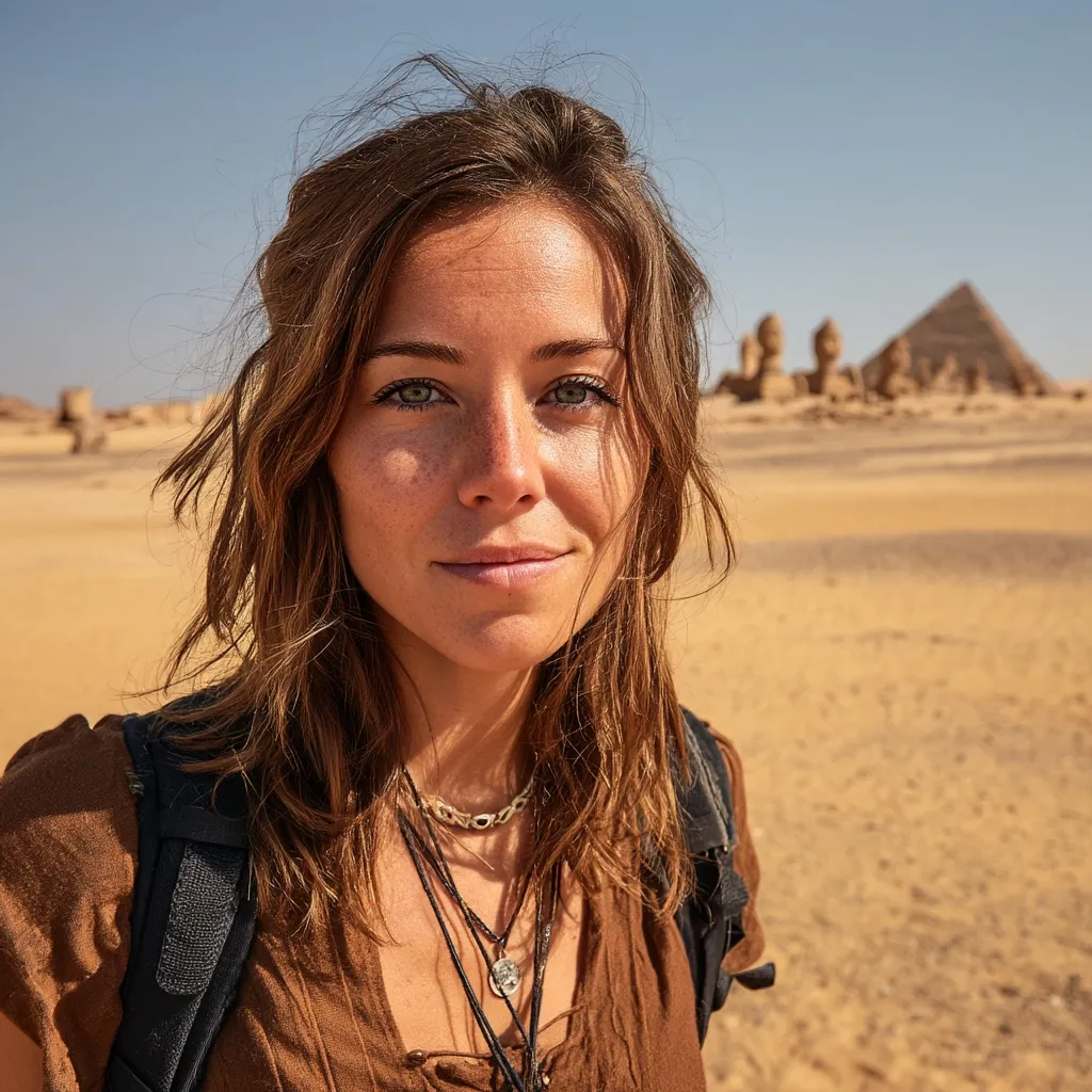A young woman with long brown hair and freckles stands in a desert landscape.  She wears a brown shirt and backpack, and several necklaces.  In the background, ancient pyramids and stone formations are visible under a clear blue sky. The image evokes a sense of adventure and exploration.