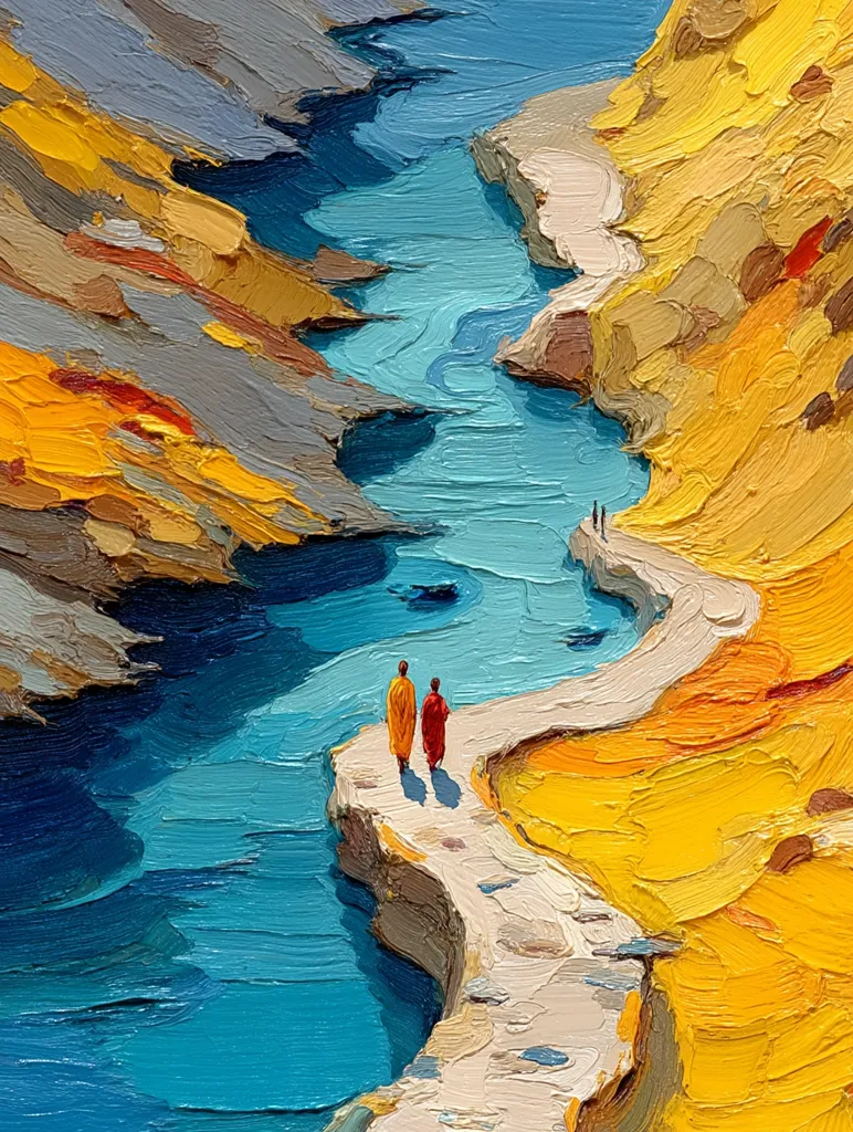 A vibrant oil painting depicts two figures in orange robes walking along a winding path carved into a cliff face overlooking a turquoise river. The path is light beige, contrasting with the rich yellows and oranges of the cliff and the deep blues and greens of the water. The impasto style creates a textured, almost three-dimensional effect. The scene is peaceful and serene, suggestive of a spiritual journey.