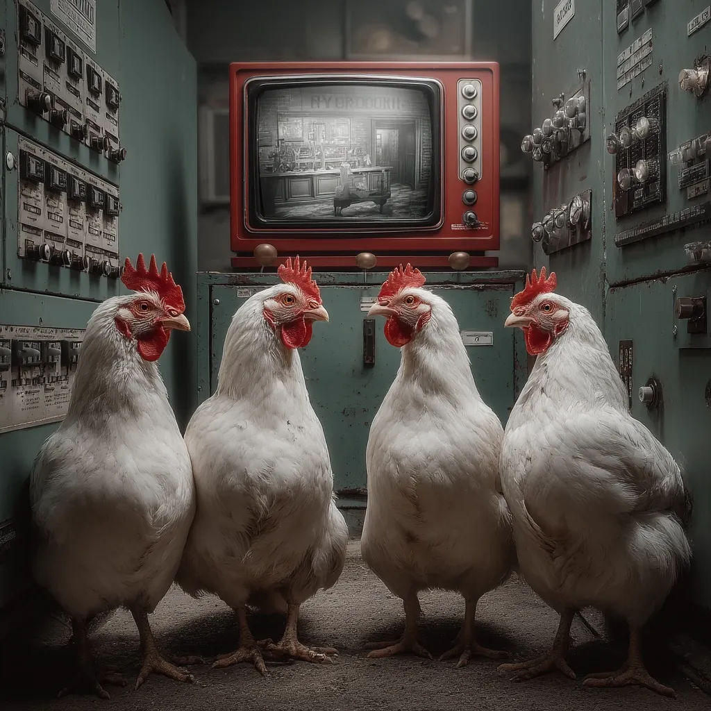 Four white chickens stand in a row before a vintage red television set displaying a black and white image of a diner.  The chickens are positioned in front of aged industrial control panels in a dimly lit setting, creating a surreal and intriguing juxtaposition of rural and industrial elements. The scene evokes a sense of quiet observation and unexpected contrast.