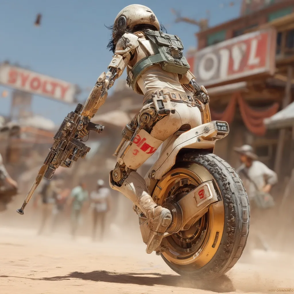 A robotic woman, clad in beige attire and a helmet, rides a futuristic single-wheeled motorcycle through a dusty, Wild West-style town.  She wields a large, intricately designed rifle.  The scene is rendered in a hyperrealistic style, with a focus on detail in both the character and the vehicle.  The background shows blurred figures, suggesting movement and a sense of urgency.