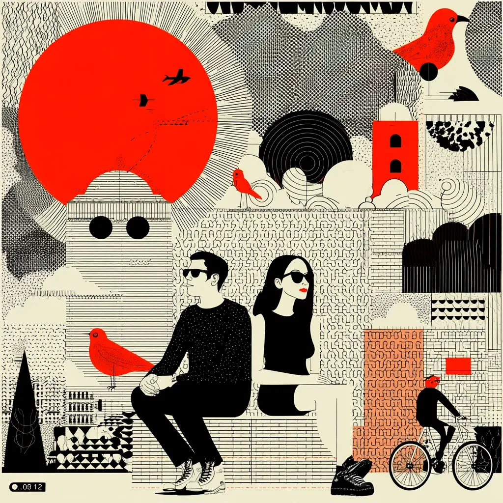A stylized illustration features a couple in sunglasses sitting against a complex, geometric background.  Red birds and planes punctuate the scene, which incorporates various textures and patterns including stripes, dots, and intricate line work.  A cyclist and architectural elements add to the layered, collage-like effect. The overall aesthetic is bold and graphic, blending black, white, and red hues.