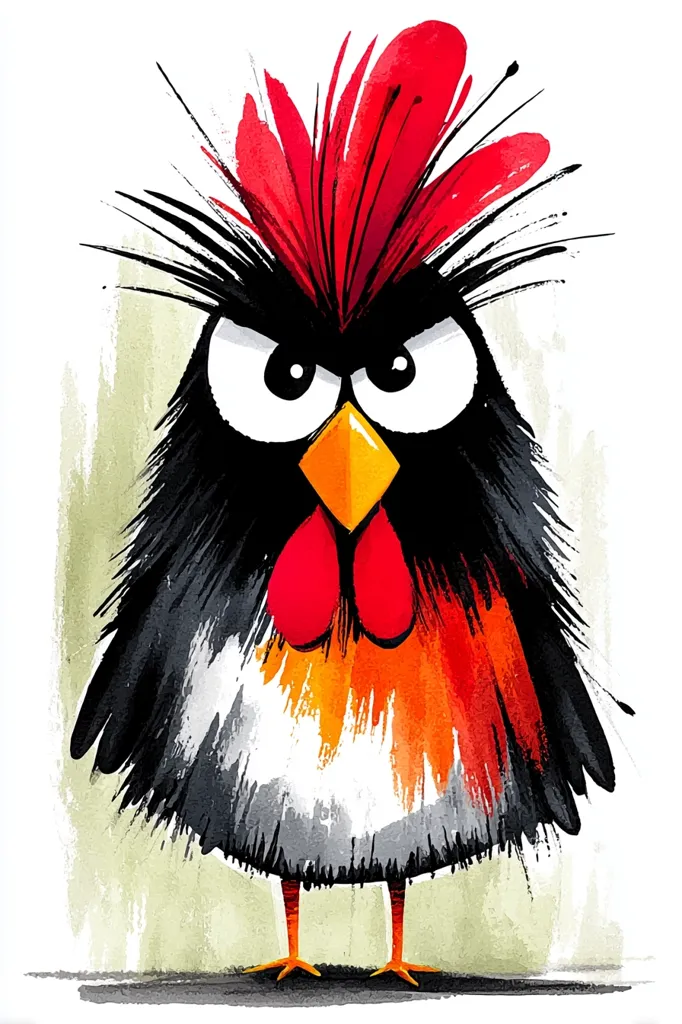 A whimsical watercolor painting depicts an angry-looking rooster.  Its predominantly black body is accented with vibrant red and orange feathers, particularly in its comb and wattle.  The rooster's expression is fierce, its eyes narrowed in a glare. The style is loose and expressive, with visible brushstrokes contributing to the artwork's playful character.  The background is a muted, pale green wash.