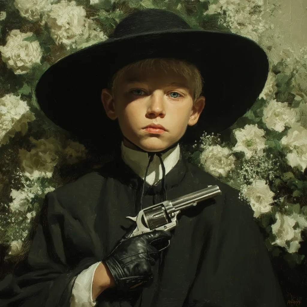 A young boy, pale and serious, dons a wide-brimmed black hat and dark clothing. He holds a revolver, his gloved hand steady. The backdrop is a lush arrangement of white roses and greenery, creating a stark contrast with the boy's attire and somber expression. The painting's style is realistic, highlighting the boy's features and the texture of the fabrics and flowers.  The overall mood is one of quiet intensity and mystery.