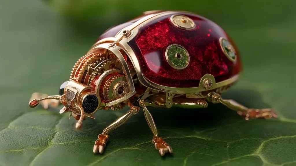 A meticulously crafted steampunk ladybug rests on a vibrant green leaf.  Its shell is a rich, translucent red, adorned with gold detailing and intricate clockwork mechanisms visible throughout its body. The gold legs and antennae add to the ornate design, creating a striking contrast against the natural background.  The overall effect is one of exquisite artistry and imaginative engineering.
